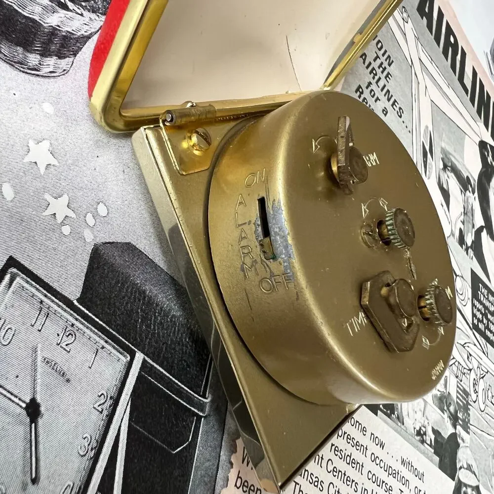 Vintage 1950s‎ Rensie Red Travel Alarm Clock Japan Brass Folding Case Working